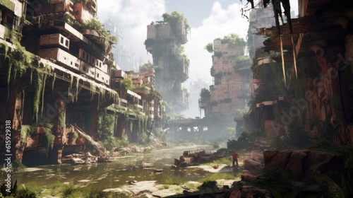 Envision a gritty post - apocalyptic cityscape in ruins, with dilapidated buildings, overgrown vegetation, and a sense of desolation