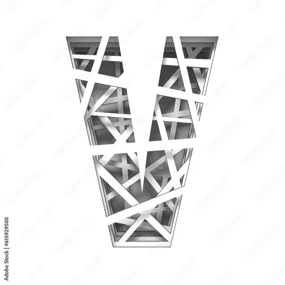 Paper cut out font letter V 3D render illustration isolated on white background Paper cut out font letter V 3D render illustration isolated on white background