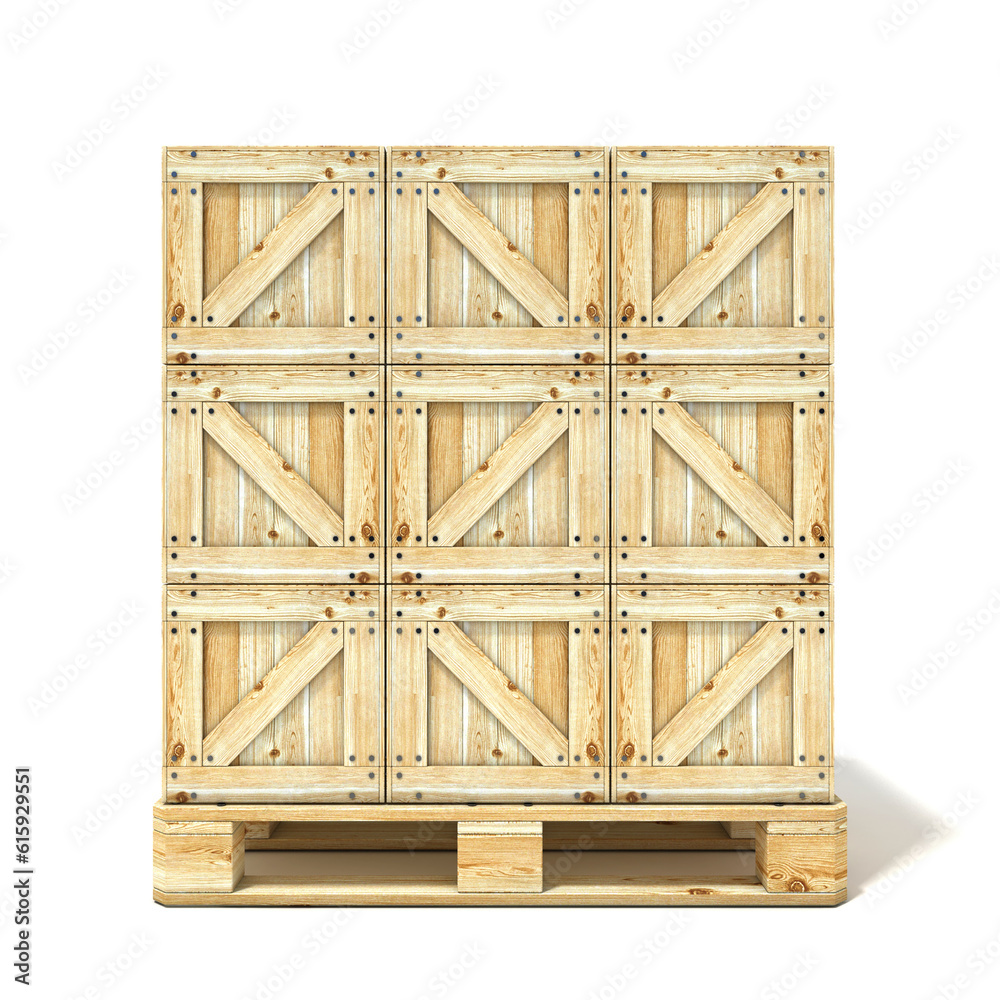 Wooden boxes on euro pallet. 3D render illustration isolated on a white background Wooden boxes on euro pallet. 3D render illustration isolated on a white background