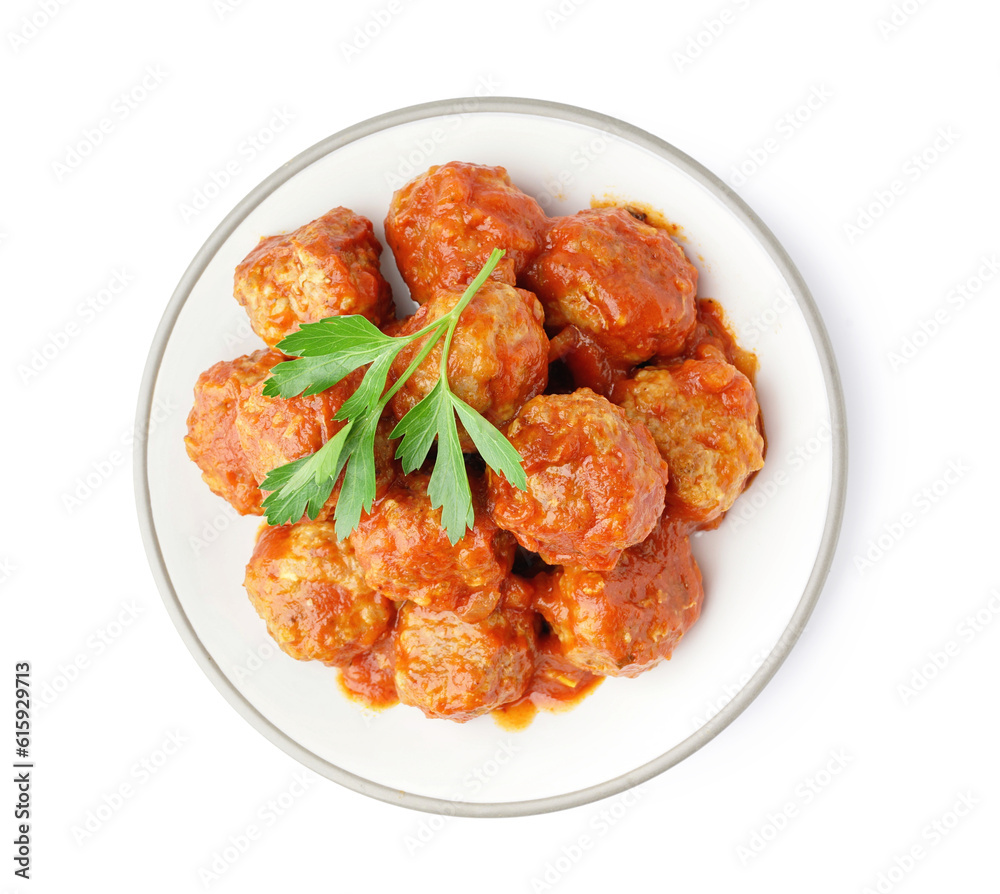 Plate of tasty meat balls with sauce isolated on white background