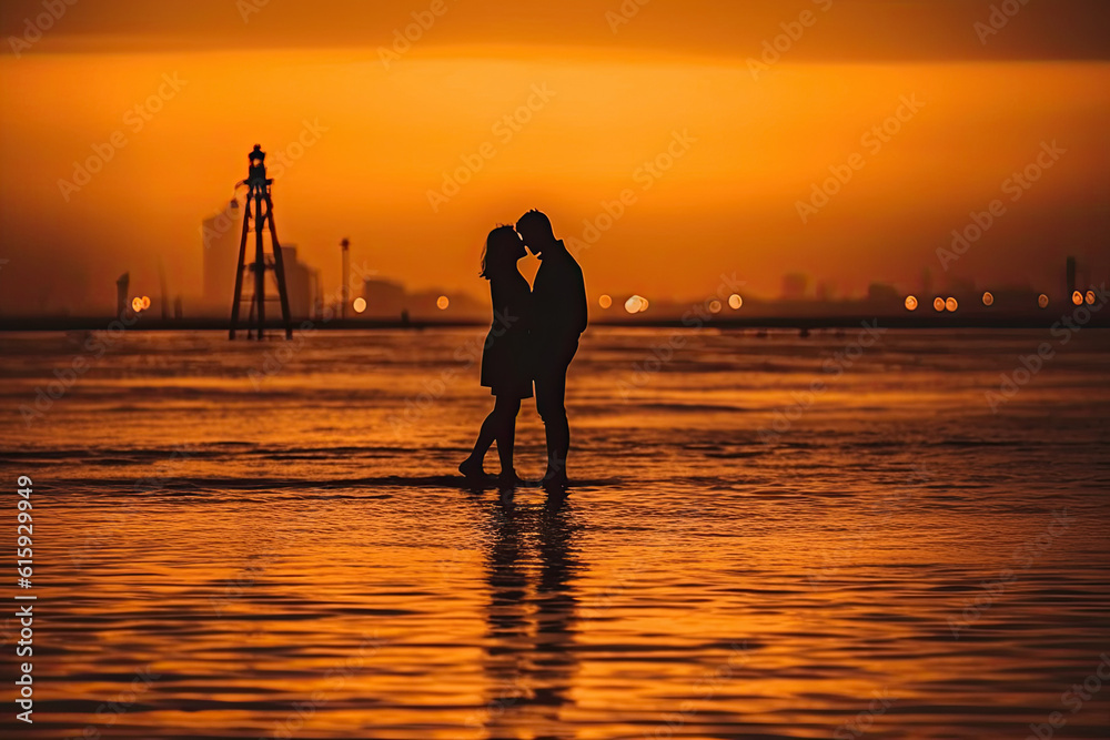 a man and woman kissing in the water at sunset with an orange sky behind them are silhouetted against each other buildings