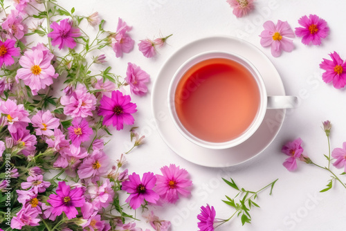 Floral banner and cup of tasty tea. AI generative