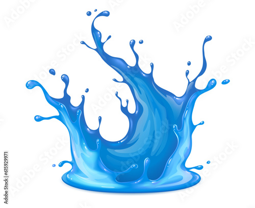 Blue Water fluid splash crown flow with bubbles and drops isolated on white background. Melted pure water cool ice drink for food and beverages packaging design. Realistic. Vector illustration