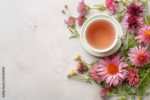 Floral banner and cup of tasty tea. AI generative