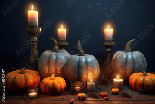 Pumpkins and candles. Background for Halloween. AI generative.