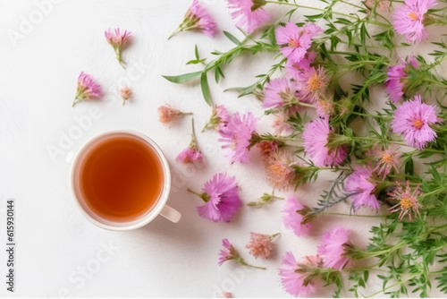 Floral banner and cup of tasty tea. AI generative