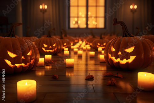 Pumpkins and candles on the floor. Background for Halloween. AI generative.
