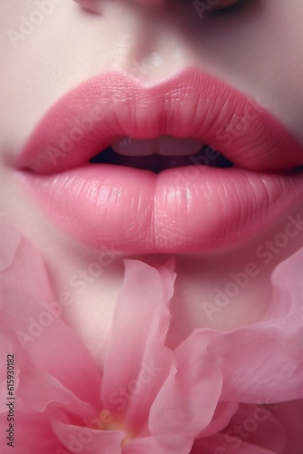 Lips close up with delicate flower petals on solid background. Generative AI