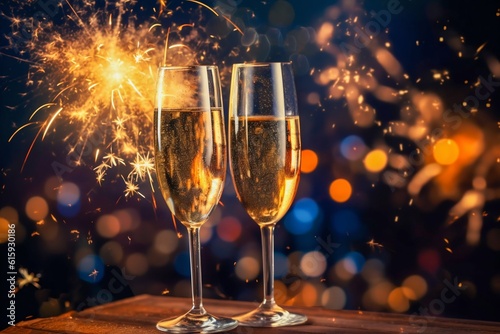 Glasses with champagne on the background of fireworks. Generative AI
