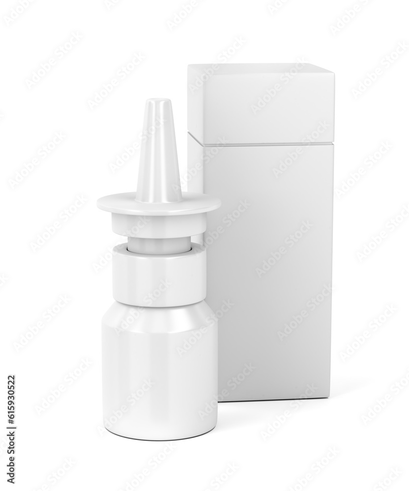 Blank nasal spray bottle and plastic box on white background Blank nasal spray bottle and plastic box on white background