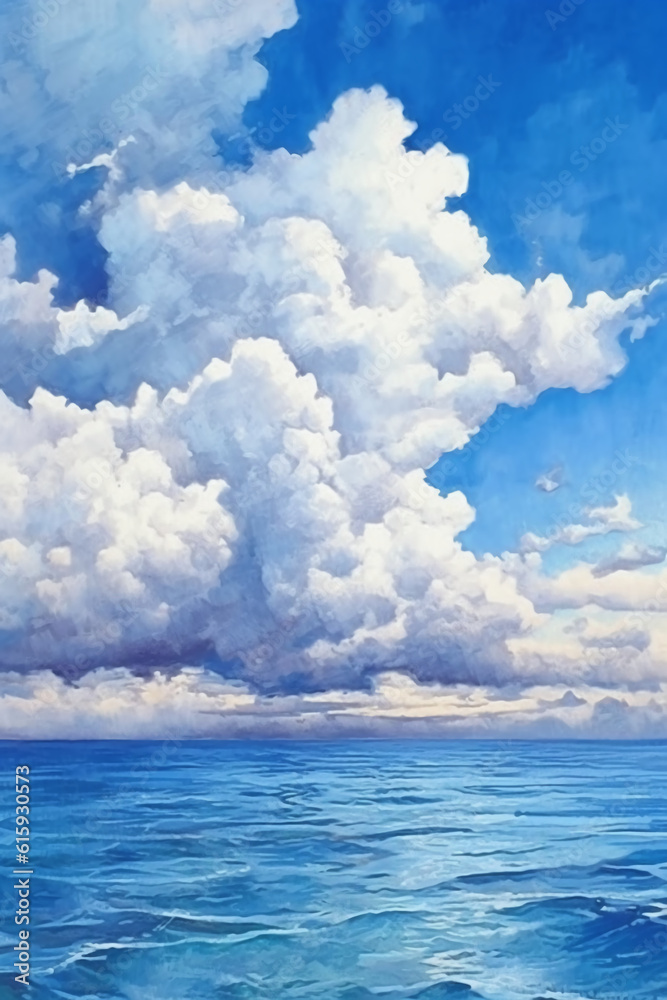 Blue sea, light blue sky and white clouds, Watercolor painting. AI generative Blue sea, light blue sky and white clouds, Watercolor painting. AI generative