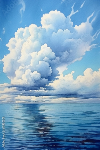 Blue sea  light blue sky and white clouds  Watercolor painting. AI generative