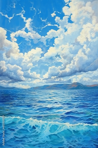Blue sea, light blue sky and white clouds, Watercolor painting. AI generative © SANGHYUN