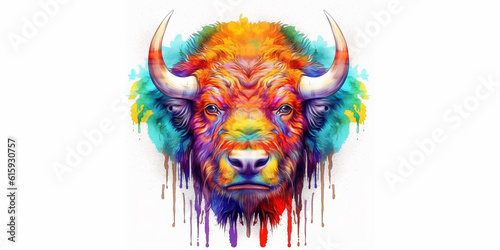 Illustration, AI generation. colorful rainbow realistic bison head, t-shirt design.
