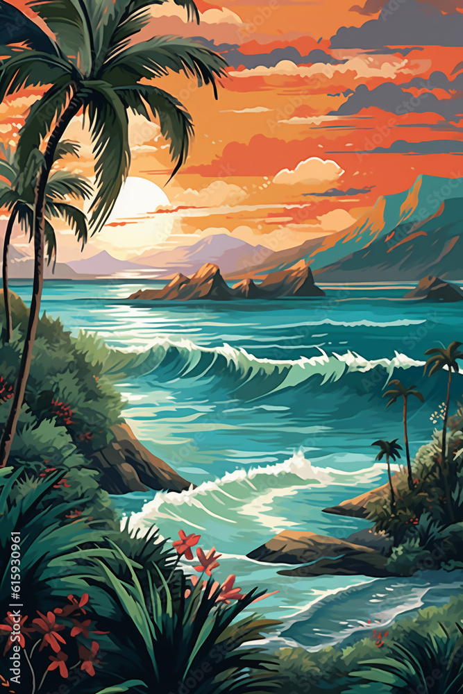 Handpainted illustration of palm trees and sea in the backdrop. AI generative