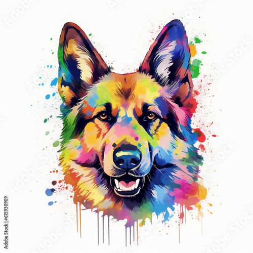 Illustration, AI generation.  colorful rainbow realistic dog head german shepherd on a white background.