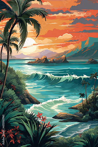 Handpainted illustration of palm trees and sea in the backdrop. AI generative