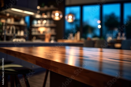 Empty wooden table in a modern kitchen kitchen  cafe or restaurant. Blurred background. Ai generated.