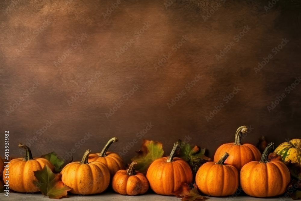 Pumpkins and leaves, autumn harvest. Background with copy space. AI generative. Pumpkins and leaves, autumn harvest. Background with copy space. AI generative.