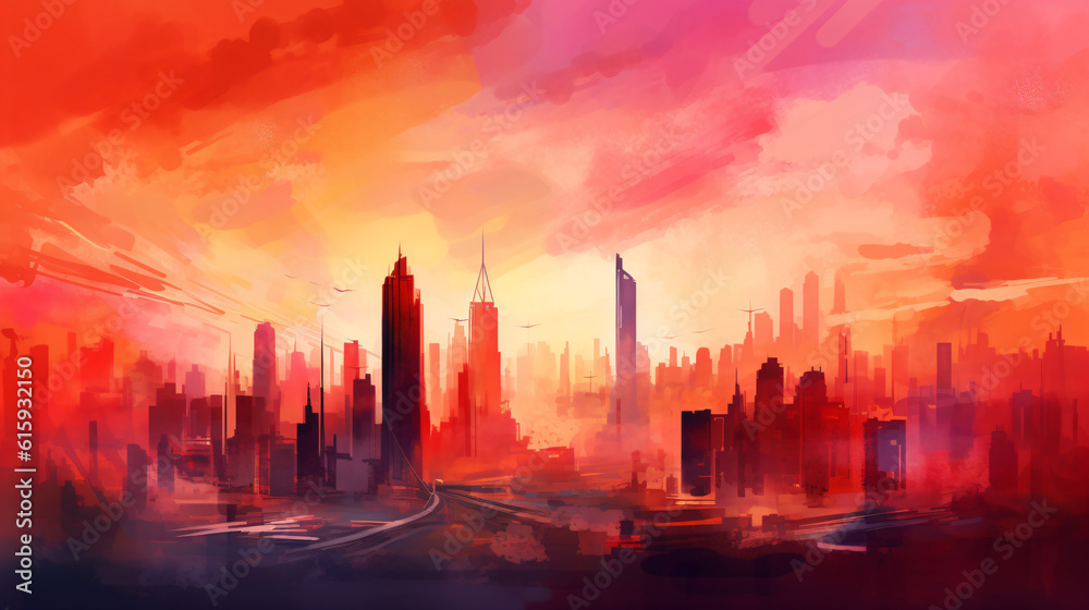 A matte painting of a cityscape with a sunset in the background Generative Ai