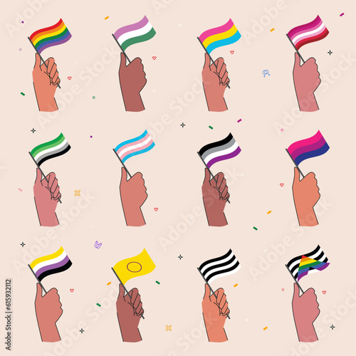 Set of hands holding different pride LGBTQ+ flags