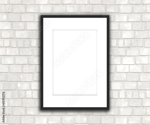 3D render of a blank picture hanging on a brick wall