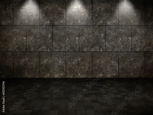 3D render of a grunge interior with tiled floor and metal walls and spotlights