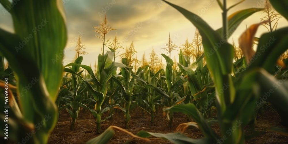 Obraz premium AI Generated. AI Generative. Green farm harvest corn field. Outdoor nature wild plant growing. Graphic Art