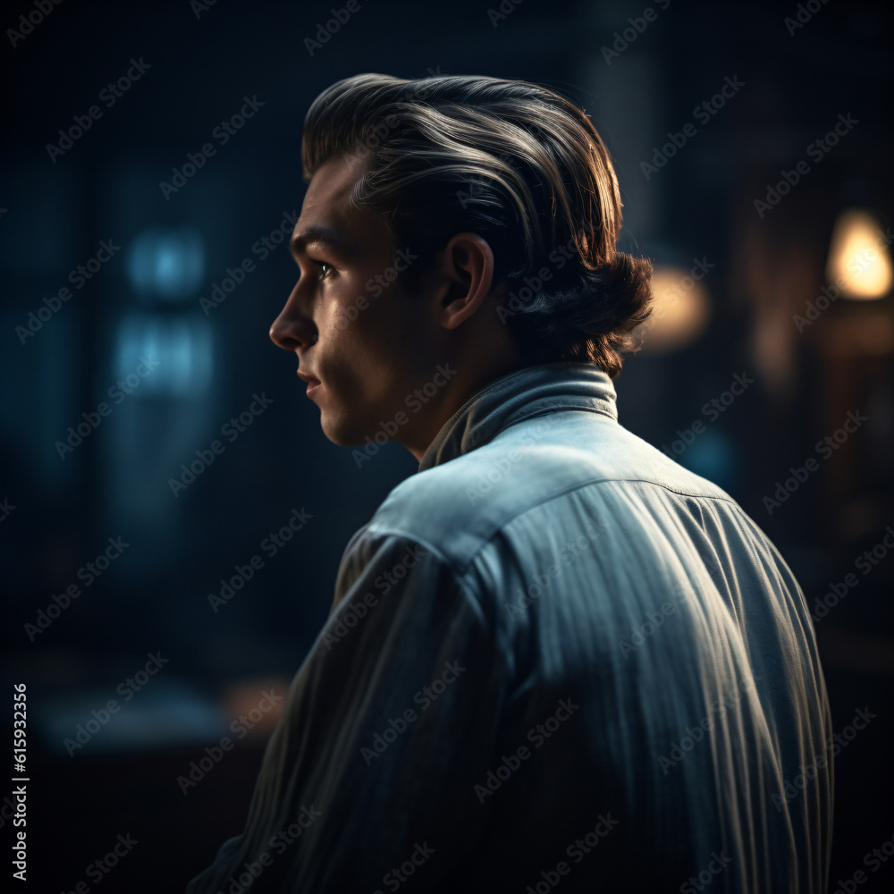 A young man with long hair in a dark room Generative Ai A young man with long hair in a dark room Generative Ai
