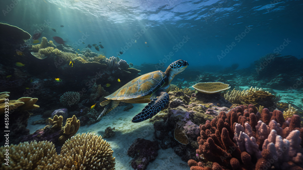 Obraz premium A turtle swimming over a coral reef in the ocean Generative Ai