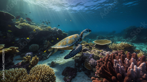A turtle swimming over a coral reef in the ocean Generative Ai