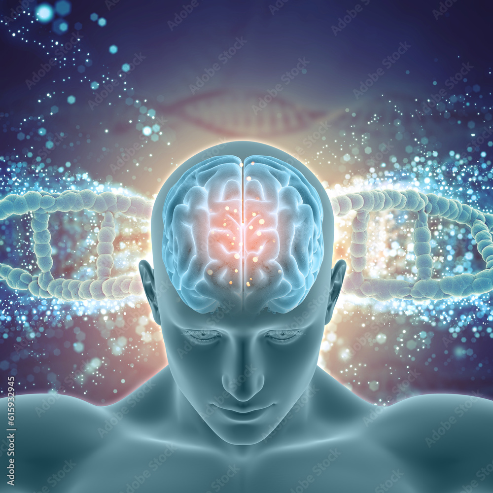 Obraz premium 3D render of a medical background with male figure with brain highlighted on DNA strands