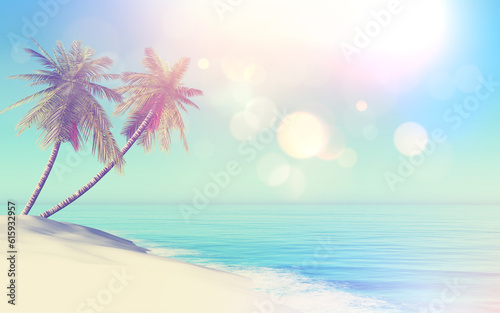 3D render of a retro styled tropical landscape with palm trees
