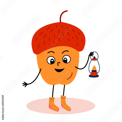 Happy acorn in socks with lantern in hand. Autumn character