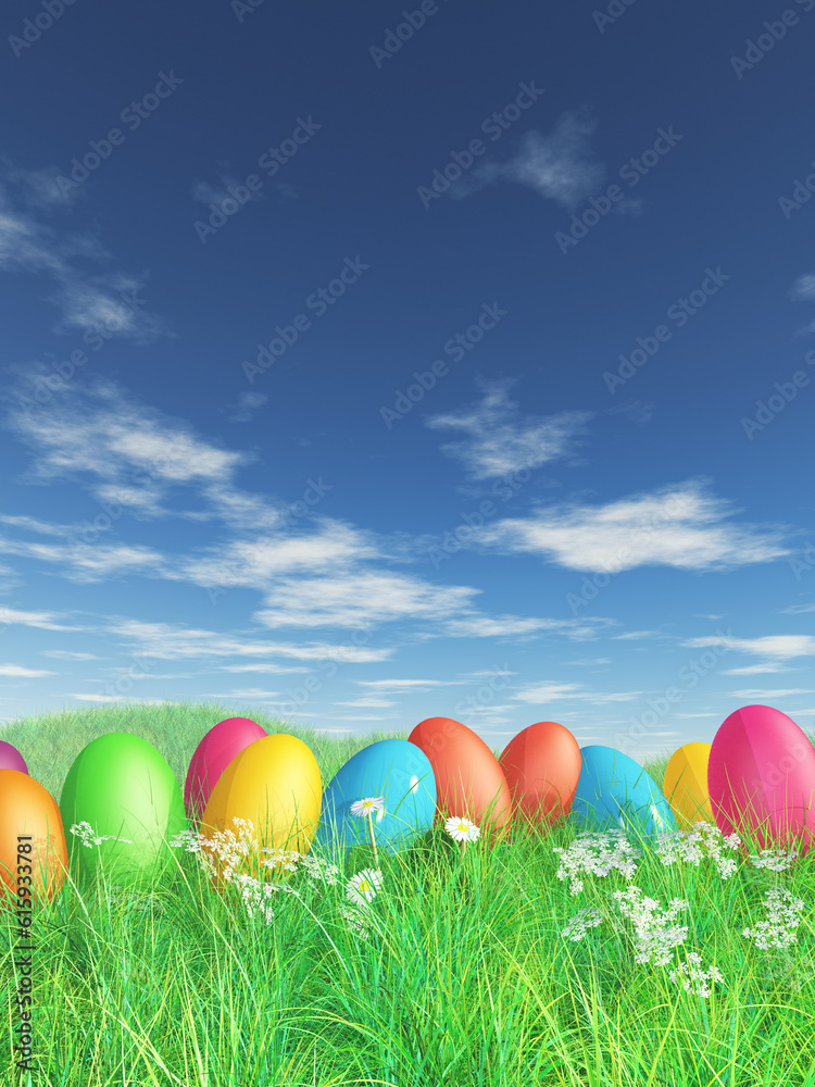 3D render of Easter eggs in grass and daisy landscape