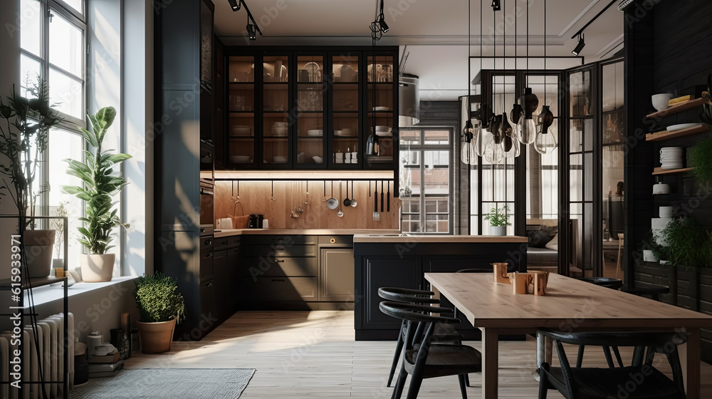 Kitchen interior design project in natural light style, apartment renovations. AI generated