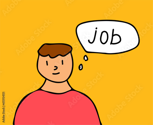 Man looking for a job. Recruiter social media post concept. Hiring a job. Cartoon character in hand drawn doodle style. Trendy work illustration (Full Vector)