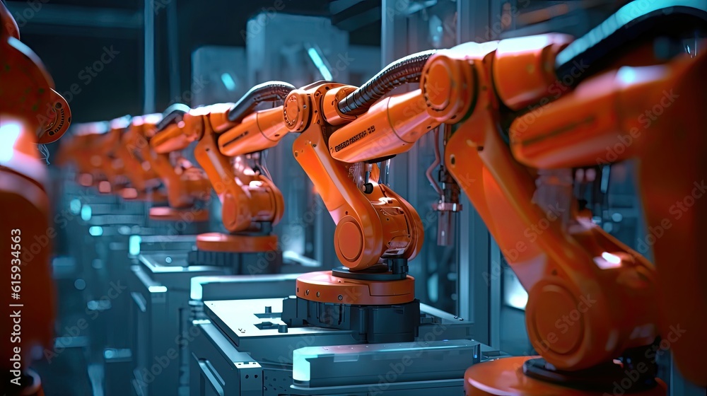 Smart industry robot arms for digital factory production technology showing automation manufacturing process of the Industry 4.0 or 4th industrial revolution and IOT software to control operation.