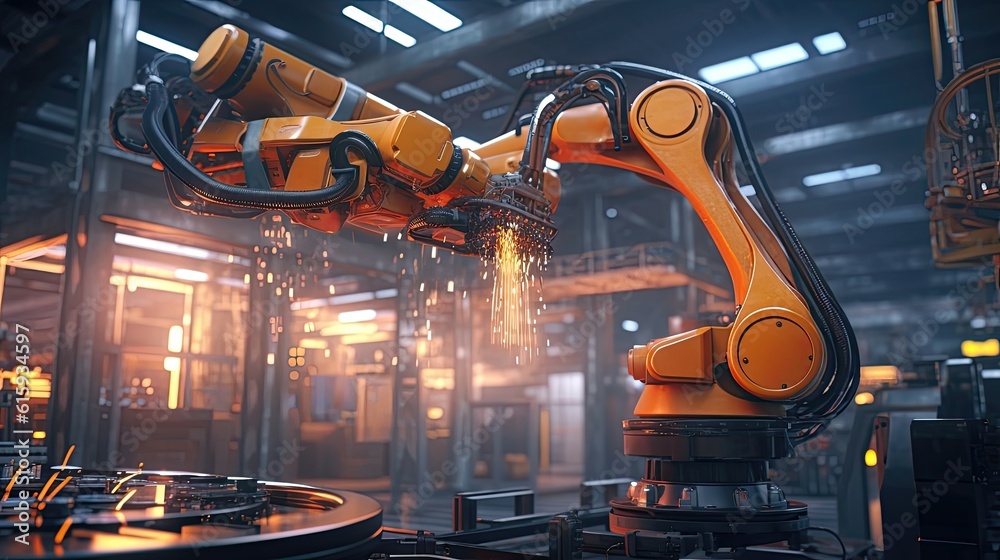 Smart industry robot arms for digital factory production technology showing automation manufacturing process of the Industry 4.0 or 4th industrial revolution and IOT software to control operation.