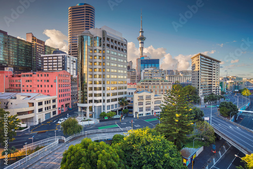 Aerial cityscape image of Auckland skyline, New Zealand during summer day.