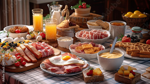 a table full of breakfast foods and drinks, including eggs, hams, sausages, bacons, waffles