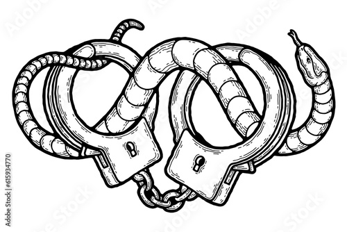 Handcuffs. Vintage police engraved style, retro hand draw prison graphic, metal security, snake. Vector sketch illustration 