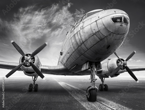 historical aircraft on a runway is waiting for take off