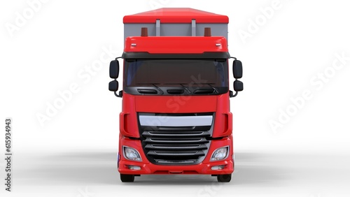 Large red truck with separate trailer, for transportation of agricultural and building bulk materials and products. 3d rendering