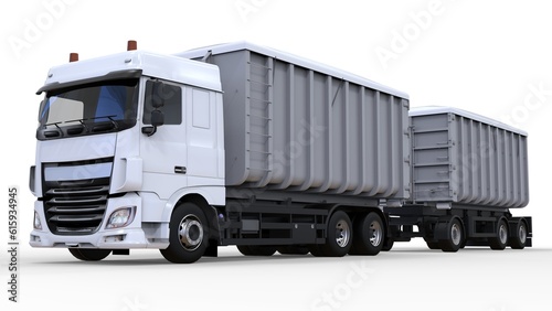 Large white truck with separate trailer, for transportation of agricultural and building bulk materials and products. 3d rendering