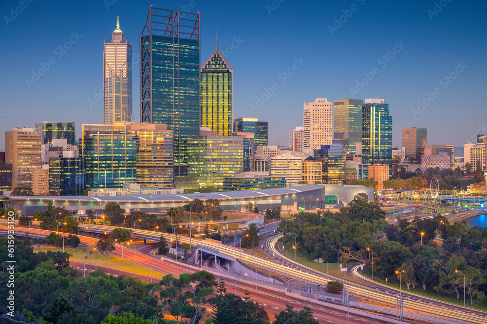 Naklejka premium Cityscape image of Perth skyline, Australia during sunset.