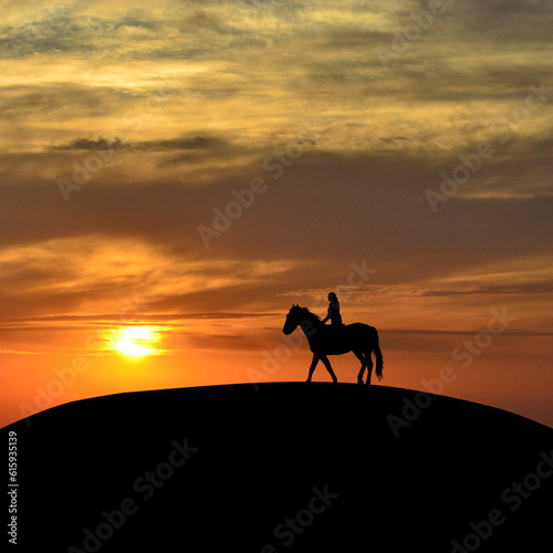 Fototapeta Naklejka Na Ścianę i Meble -  Horseback woman rider at sunset