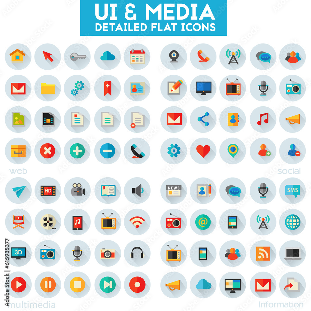 Trendy flat detailed multimedia, information, web and social colored icons on white background