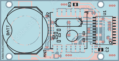 Vector printed circuit board of an electronic 
device with components of radio elements, 
conductors and contact pads placed on it. 
Engineering drawing of a pcb.