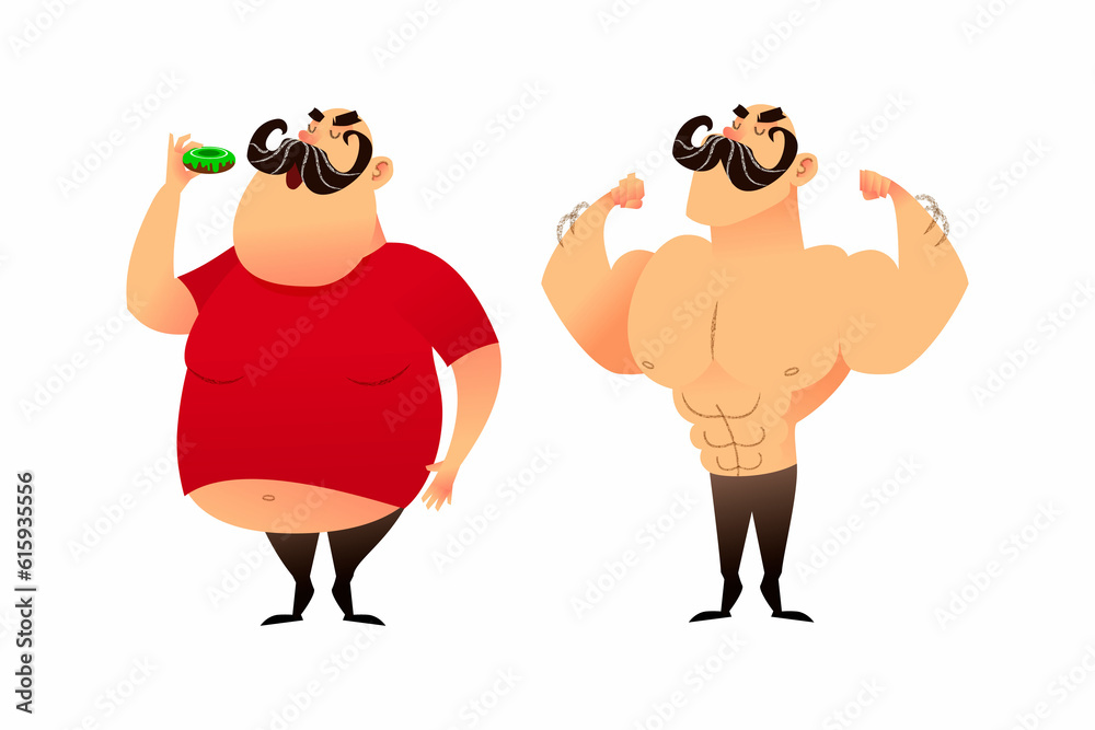 A fat guy and an athlete. Before and after. Doing sports and eating healthy concepts. A man with obesity is eating a donut. The strongman and the wrestler show their muscles. Successful weight loss an A fat guy and an athlete. Before and after. Doing sports and eating healthy concepts. A man with obesity is eating a donut. The strongman and the wrestler show their muscles. Successful weight loss an